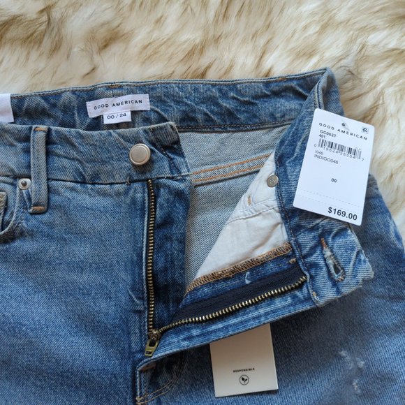 NWOT Good American Good Classic Distressed Straight Leg Jeans in Indigo 046 - Picture 10 of 12